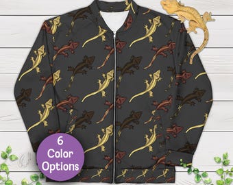 Chaqueta con estampado de geco crestado, diseño dibujado a mano – Bomber con temática de reptiles, moda herpetológica