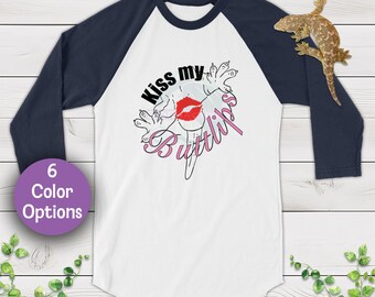 Kiss My Buttlips - Camiseta divertida de Leachie - Arte dibujado a mano, camiseta unisex de manga 3/4, regalo para dueños de reptiles y amantes de los herpetos.