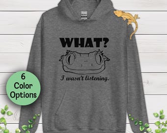 ¿Qué? No te escuchaba - Sudadera con capucha de geco crestado, diseño dibujado a mano - Sudadera unisex con temática de reptiles, moda herpetología