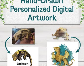 Diseño de reptil personalizado, arte de mascota de lagarto o serpiente dibujado a mano, opción de dragón de fantasía, ilustración digital personalizada de mascota