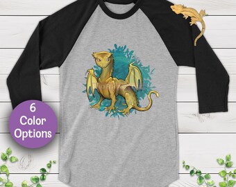 Dragón Crestie - Arte dibujado a mano, camiseta raglán unisex de manga 3/4, regalo para dueños de reptiles y amantes de los herpetos.