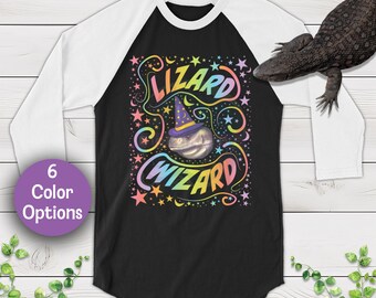 Lizard Wizard - Arte dibujado a mano, camiseta unisex de manga 3/4, regalo para dueños de reptiles y amantes de los herpetos.