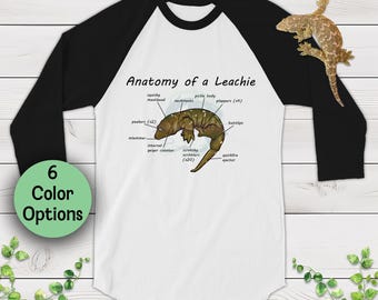 Anatomía de un Leachie - Dibujo a mano, camiseta unisex de manga 3/4, regalo para dueños de reptiles y amantes de los herpetos.