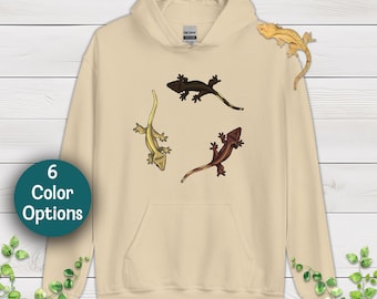 Sudadera con capucha Three Cresties, diseño dibujado a mano. Sudadera unisex con temática de geco crestado. Moda herpetológica.