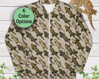 Chaqueta Leachie con estampado de geco, diseño dibujado a mano – Bomber con temática de reptiles, moda herpetología