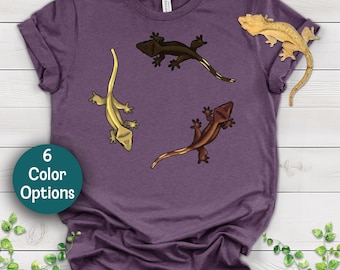 Camiseta con diseño dibujado a mano de tres geckos crestados - Ropa novedosa para amantes de los reptiles