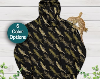 Sudadera con capucha con estampado de geco Leachie, diseño dibujado a mano. Sudadera unisex con temática de reptiles, moda herpetología.