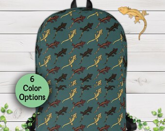 Mochila con estampado de geco crestado: diseño dibujado a mano, mochila de reptil