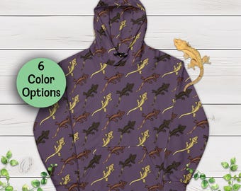 Sudadera con capucha con estampado de geco crestado, diseño dibujado a mano. Sudadera unisex con temática de reptiles. Moda herpetológica.