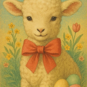 May include: A white lamb with a red bow tie sits in a field of yellow flowers and green grass. Three Easter eggs are in the grass in front of the lamb.