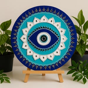 Evil Eye Lippan Art – Handgemaakte blauwe muurhanger voor bescherming en positiviteit | Kleispiegeldecor op mdf-plaat
