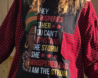Black Woman Power "I am the storm" Upcycled T-Shirt Red Flannel Assymetrical Hem Oversized Tunic Shirt