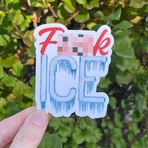 May include: A sticker with the word "F*ck" in red script above the word "ICE" in blue, with icicles hanging from the letters. The word "F*ck" has a pixelated design. The sticker is held in front of a green leafy background.