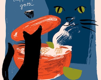 Cat print - Non c&#39;e trippa per gatti, Giclee Poster Print, Cat Art, Hungry Cat Illustration, Italian Poster Print