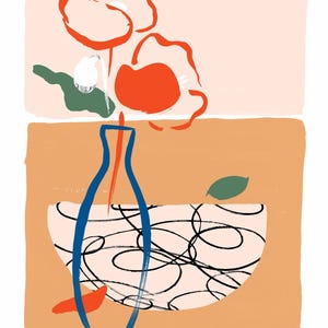 May include: A blue vase with a red and orange flower arrangement on a peach background. The vase is sitting on a white bowl with black swirls. The artist's signature, "Saraghina", is in the bottom left corner.