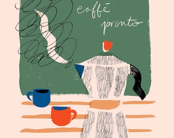 Caffe&#39; Print- Giclee Poster Print, Bialetti Moka, Espresso Cafetière Illustration, Coffee Pot Art, Cafe Decor, Italian Poster Art