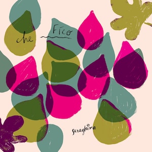 May include: An abstract illustration of figs with the text "Fico che" and "saraghina" in a handwritten style. The figs are depicted in various shades of green, purple, and pink, overlapping and creating a layered effect.