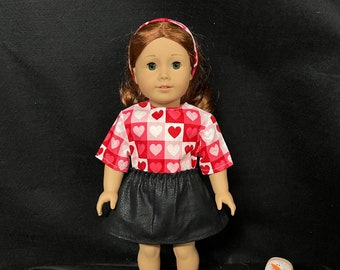 18 Inch Doll Clothes Handmade to Fit Like American Girl Doll Gift for Child Valentines Day Hearts Party Shirt and Skirt