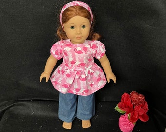 18 Inch Doll Clothes Handmade to Fit Like American Girl Doll Cute Pink Flamingo Doll Shirt Jeans and Headband Outfit Child Gift