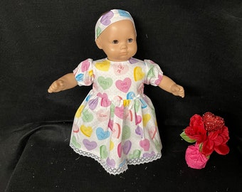15 Inch Doll Clothes Handmade to Fit Like American Girl Bitty Baby Doll Valentines Conversation Heart Dress Handmade Child Gift