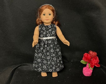 18 Inch Doll Clothes Handmade to Fit Like American Girl Dolls Silver Flowers Dilver Glitter on Black Faux Velvet Ballgown Formal Party Dress