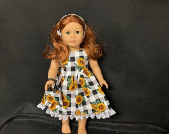 18 Inch Doll Clothes Handmade to Fit Like American Girl Dolls Black White Buffalo Plaid with Sunflowers Dress