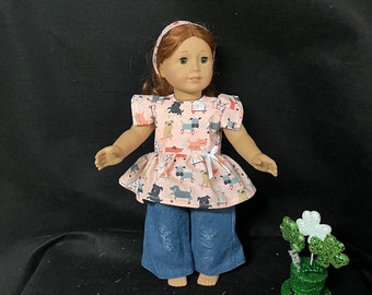 18 Inch Doll Clothes Handmade to Fit Like American Girl Doll Cute Puppy Dogs Doggie Doll Shirt Jeans and Headband Outfit Child Gift