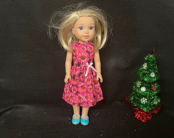 14 Inch Doll Dress Handmade to Fit Like American Girl Wellie Wisher Doll Clothes Pink Daisy Flower Dress