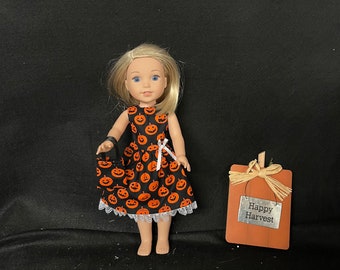 Inch Doll Dress 14 Handmade to Fit Like American Girl Wellie Wisher Doll Clothes Halloween Pumpkin Halloween Jack O Lantern Dress