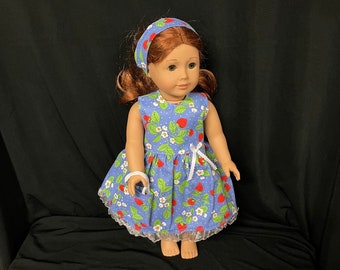 18 Inch Doll Clothes Handmade to Fit Like American Girl Doll Handmade Child Birthday Gift Floral Strawberry Plants Dress