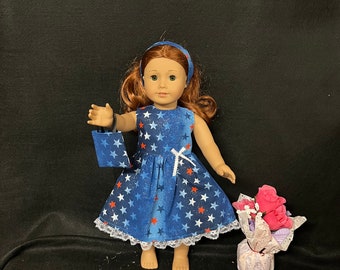18 Inch Doll Clothes Handmade to Fit Like American Girl Dolls Red White Blue Stars Independence Day Fourth of July Dress