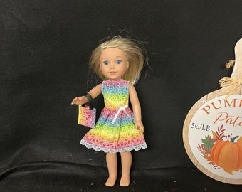 14 Inch Doll Clothes Handmade to Fit Like American Girl Wellie Wisher Doll Rainbow Stripes with Flowers Dress