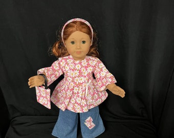 18 Inch Doll Clothes Handmade to Fit Like American Girl Doll Pink Spring or Summer Daisy Shirt Pants Purse Headband Outfit Child Gift