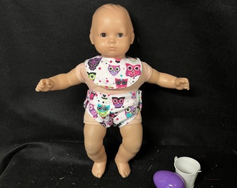 15 Inch Doll Clothes Handmade to Fit Like American Girl Bitty Baby Doll Clothes Cute Owl Bib and Diaper Combo