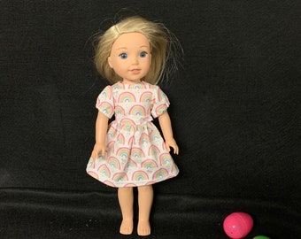 14 Inch Doll Dress Handmade to Fit Like American Girl Wellie Wisher Doll Clothes Hearts and Rainbows Dress