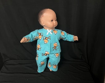15 Inch Doll Clothes Handmade to Fit Like American Girl Bitty Baby Doll Clothes Teal Playful Monkey Pajamas Child Gift