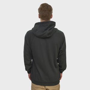 May include: A dark gray hooded sweatshirt with a drawstring hood. The sweatshirt has long sleeves and a ribbed hem and cuffs. The person is wearing khaki-colored pants. The image is taken from the back.