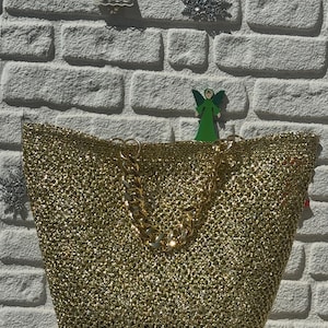 crochet beach bag, handmade bag , gold crochet beach bag