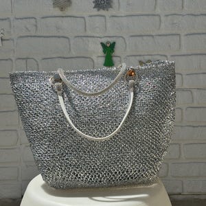 crochet beach bag, handmade, silver color