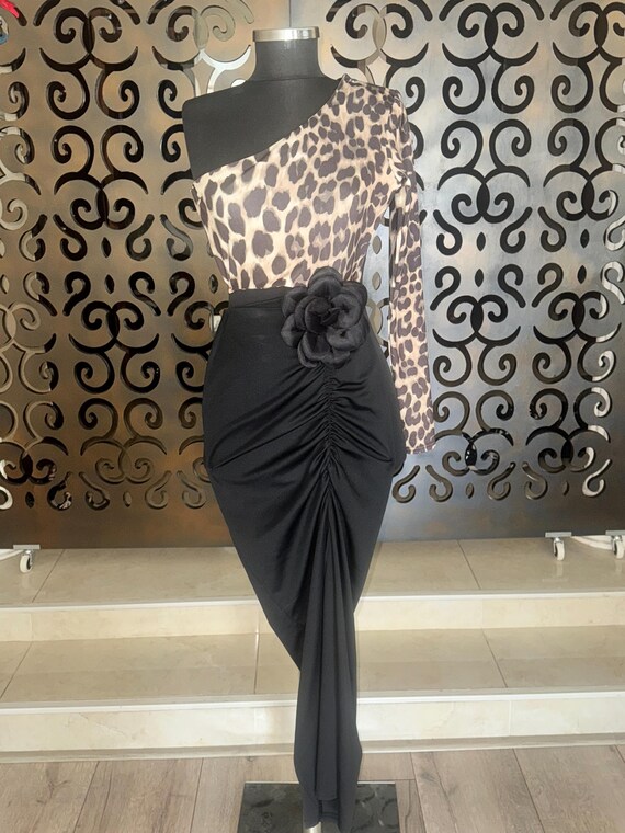 Leopard One-Shoulder Lycra Dress: Ruched Black Skirt, Size S