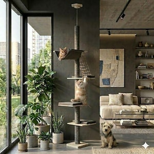 Kratzbaum Deckenhoch mit Hängematte & Kletternetz| Höhenverstellbar 236–270 cm | Kratzbaum Deckenspanner mit 5 Plattformen | Schmal Holz