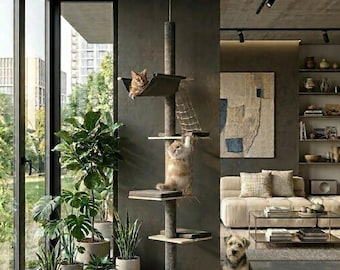 Tiragraffi a soffitto con amaca e rete per arrampicarsi | Altezza regolabile 236–270 cm | Tiragraffi a soffitto con 5 piattaforme | Legno stretto