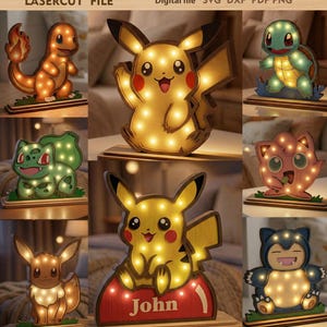 Pokemon night light laser cut file, Pikachu digital files, nursery decor night lamp,  wooden led light lamp, bundle 9 designs