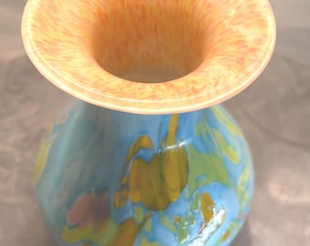 Hand Blown Art Vase w Vibrant Spring Colors Blues, Greens, Peaches & Lavender
