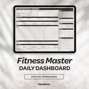 May include: A digital fitness planner template titled Fitness Master Daily Dashboard. The layout features sections for workout tracking, warm-ups, main sets, cool-downs, sleep, water intake, fasting, macros, and meals, all presented in a clean black and white grid.