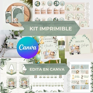 Kit Imprimible Cumpleaños Selva | Fiesta Infantil Español | Invitación Editable, Banderines, Carteles y Etiquetas