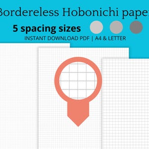 Könnte beinhalten: Fünf verschiedene Rastergrößen für Hobonichi-Papier, dargestellt in einem druckbaren PDF-Format. Die Rastergrößen sind in einem Kreis mit rotem Rand dargestellt. Der Text "Borderless Hobonichi paper" und "5 spacing sizes" ist in schwarzer Schrift dargestellt. Der Text "INSTANT DOWNLOAD PDF | A4 & LETTER" ist in grauer Schrift dargestellt.