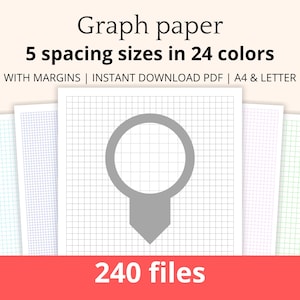 Papel cuadriculado con márgenes, PDF imprimibles, tamaño A4 y carta, descarga instantánea, espacio entre 3 mm, 4 mm, 5 mm, 6 mm y 7 mm, 24 colores, 300 DPI