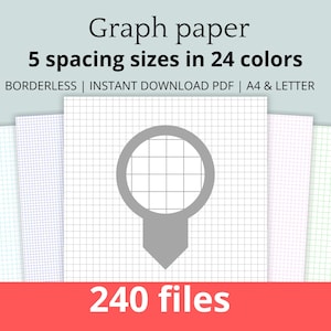 May include: A set of 240 printable graph paper sheets in various colors. The sheets are borderless and come in 5 different grid sizes. The image shows a close-up of a gray grid with a magnifying glass icon over it.