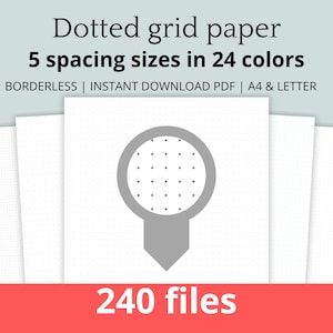 May include: A set of 240 printable dotted grid paper templates in 24 colors and 5 different dot spacing sizes. The templates are borderless and available in A4 and Letter sizes.  The image shows a sample of the dotted grid paper with a gray circle with dots in the center.